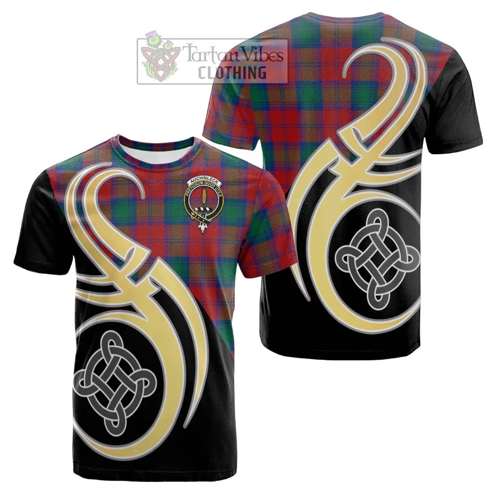 Auchinleck (Affleck) Tartan Cotton T-shirt with Family Crest and Celtic Symbol Style