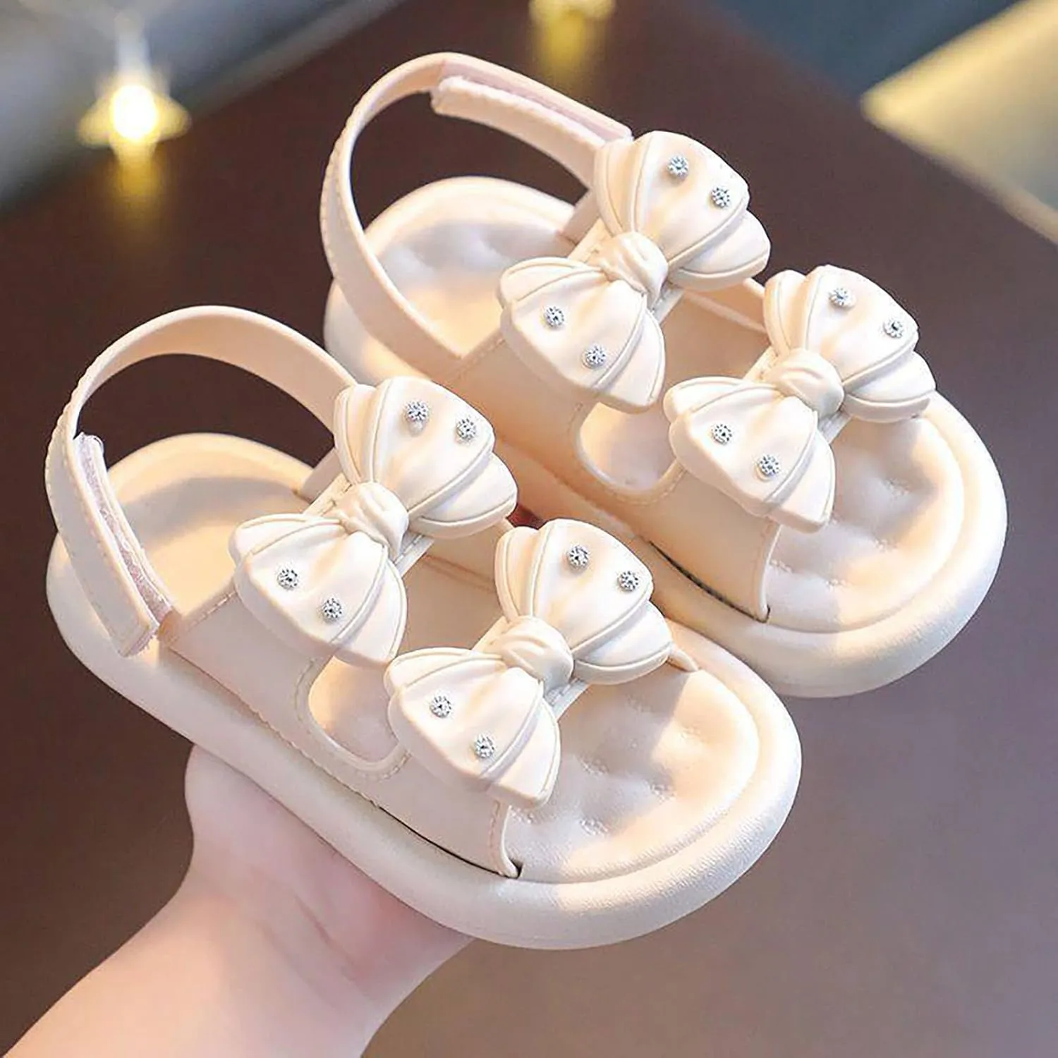 Baby Infant 𝗣ink Bow Pearl Foam Sandals With Strap Summer Casual Toddler Girls Flat Wide Shoes Slip On Shower Loafers