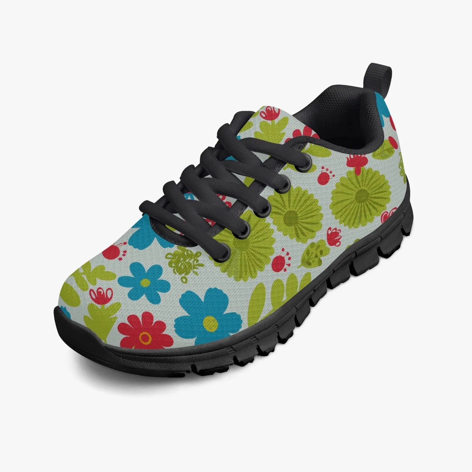 Baskets légères en maille pour Enfant, noires "Fleurs bleues, jaunes et rouges" (217)