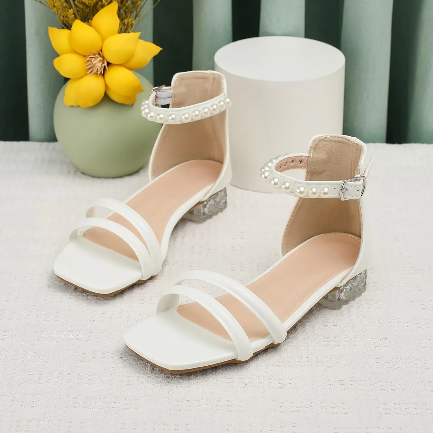 Girls Shoes Sandals Summer Fashion Pearl Shoes Middle and Large Children Open Toe Student Girls White Dress Sandals