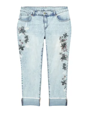 Naomi Rolled Ankle Jean with Floral Design | Light Wash / Navy