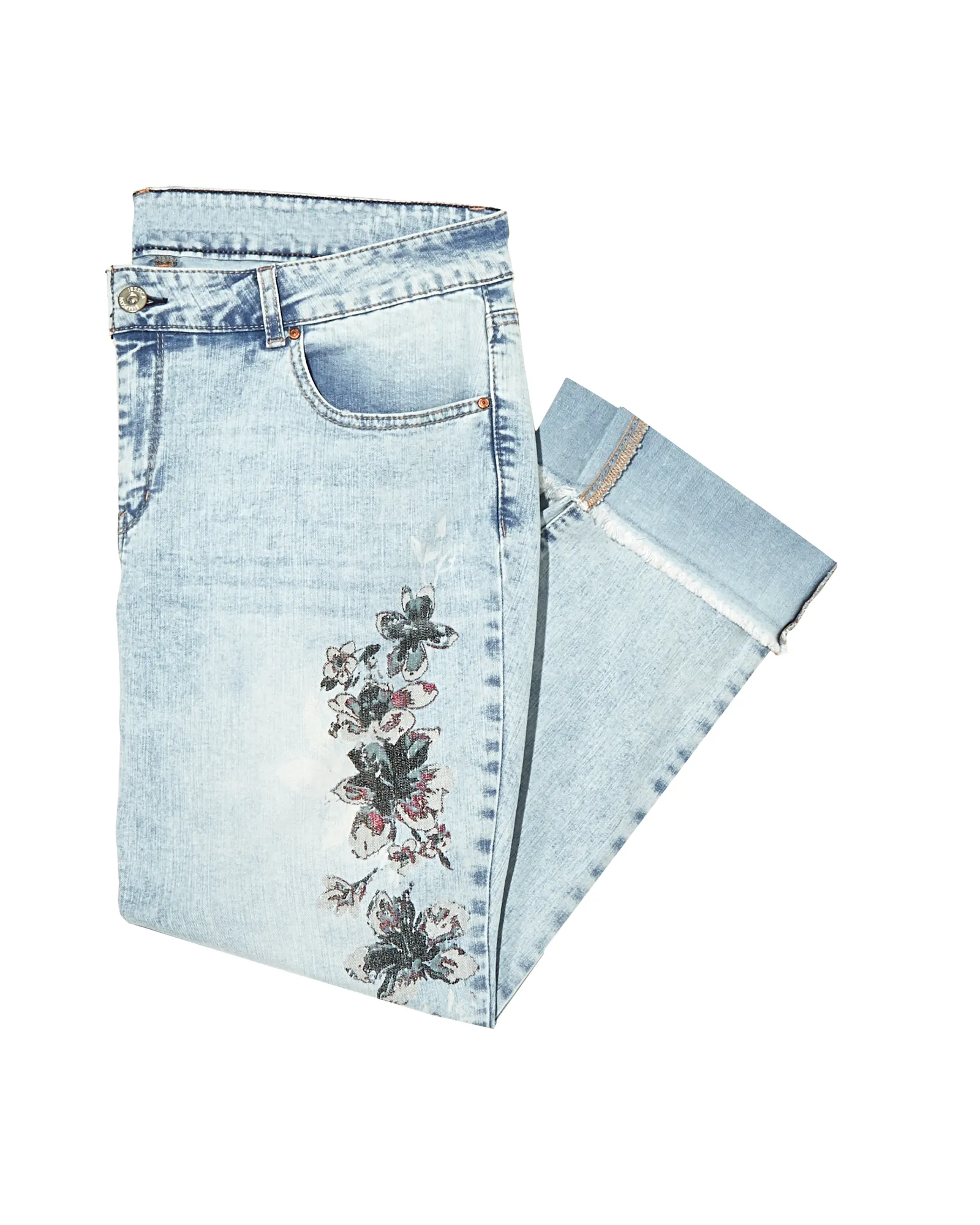 Naomi Rolled Ankle Jean with Floral Design | Light Wash / Navy
