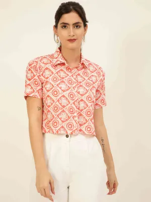 Premium Baby Pink Motifs HandBlock Printed Cotton Crop Shirt