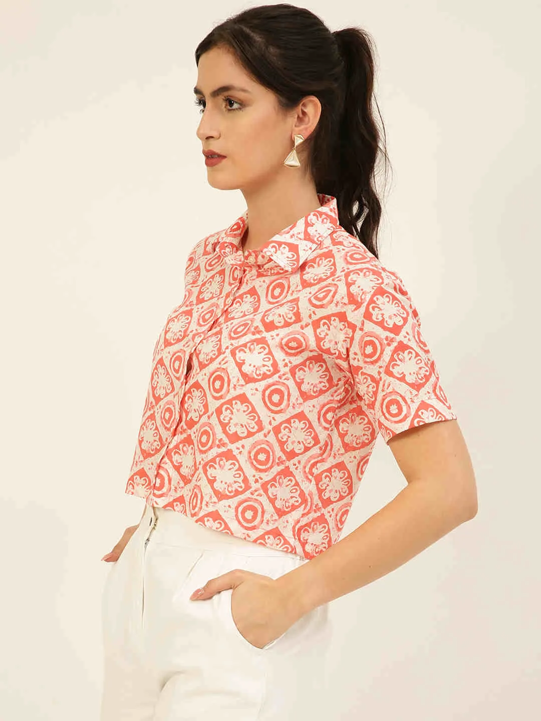 Premium Baby Pink Motifs HandBlock Printed Cotton Crop Shirt