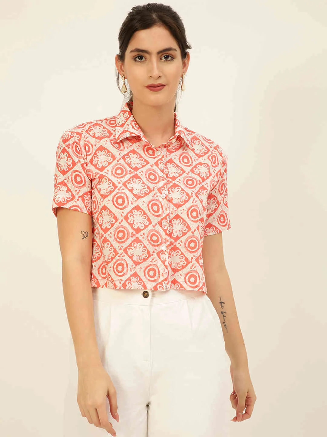 Premium Baby Pink Motifs HandBlock Printed Cotton Crop Shirt