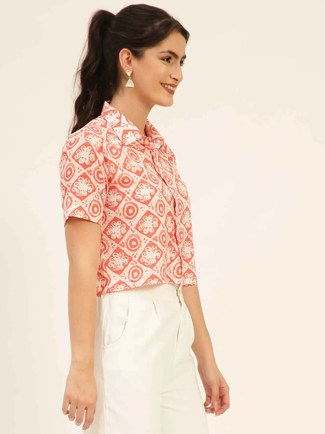 Premium Baby Pink Motifs HandBlock Printed Cotton Crop Shirt