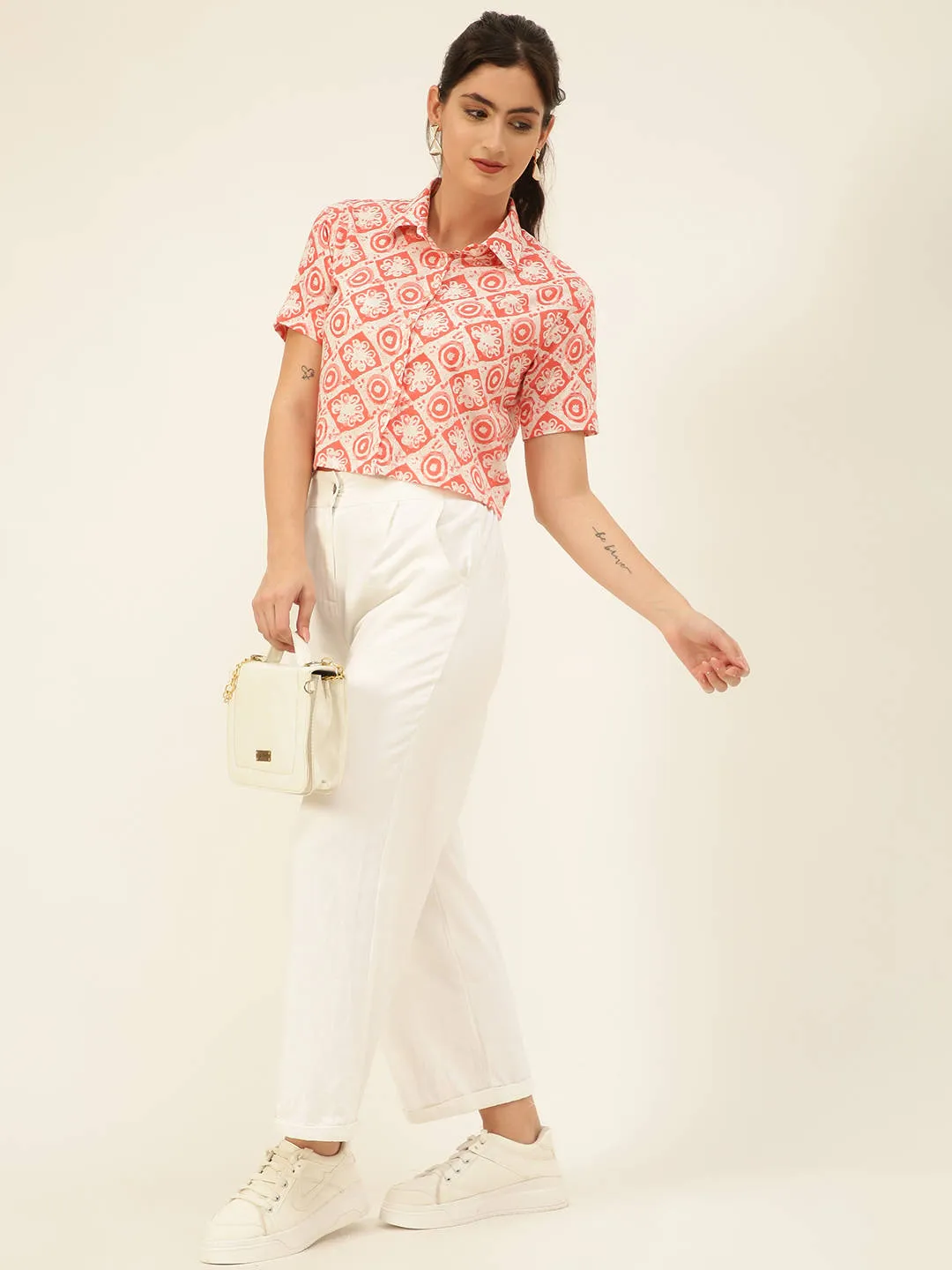 Premium Baby Pink Motifs HandBlock Printed Cotton Crop Shirt