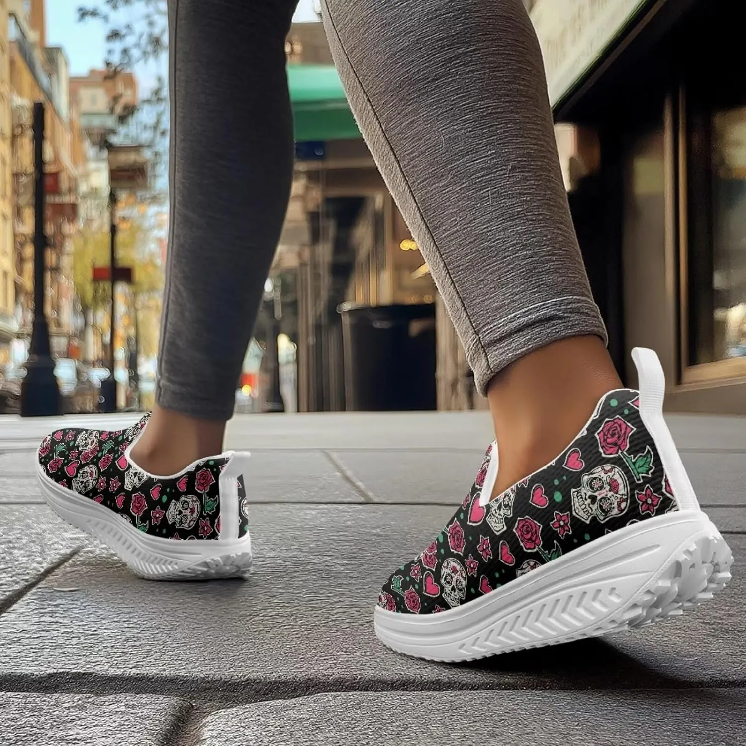 Skull Design Women's Slip-On Platform Loafers Mesh Non-Slip Rocker Bottom Sneakers Standing All Day Comfort