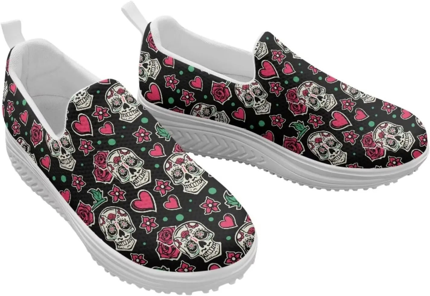 Skull Design Women's Slip-On Platform Loafers Mesh Non-Slip Rocker Bottom Sneakers Standing All Day Comfort