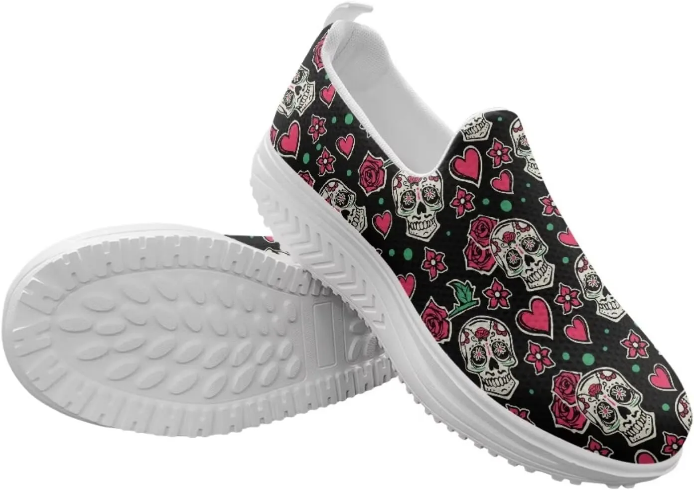 Skull Design Women's Slip-On Platform Loafers Mesh Non-Slip Rocker Bottom Sneakers Standing All Day Comfort