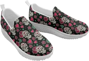 Skull Design Women's Slip-On Platform Loafers Mesh Non-Slip Rocker Bottom Sneakers Standing All Day Comfort
