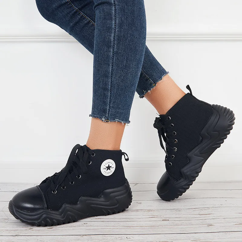 Sohiwoo  Women Platform High Top Canvas Sneakers Lace Up Walking Shoes Daily Running Shoes